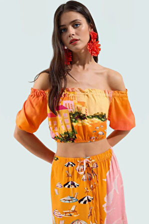 Şık Manzara Desenli Viskoz Plaj Bluz Etek Takımı Yazlık Rahat Kombin Zarifane Tasarım Ve