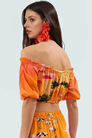 Şık Manzara Desenli Viskoz Plaj Bluz Etek Takımı Yazlık Rahat Kombin Zarifane Tasarım Ve