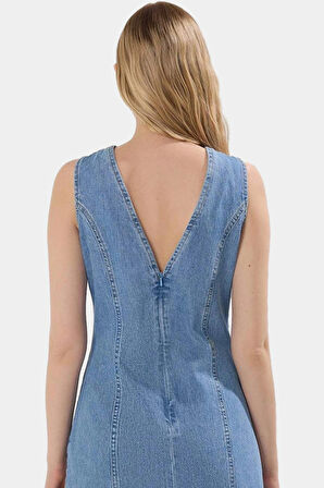 Yazlık Denim Mini Elbise V Yaka Basic Kalıp Pamuk Günlük Stil Konforlu Kesim Özenle Seçilmiş