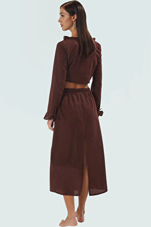 Yazlık Kadın Uzun Kollu Pamuklu Bluz Etek Takım Plaj Modası Profesyonel Görünüm Modern Stil