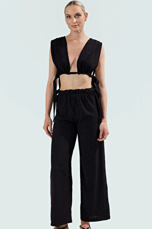 Kadın Pamuklu Dokuma Plaj Bluz Pantolon Takımı Rahat Yaz Kombinleri İçin Modern Stil