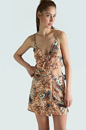 Yazlık Çok Soyut Desenli Reglan Kol Mini Bluz Etek Takım Özel Tasarım Rahat Ve Şık