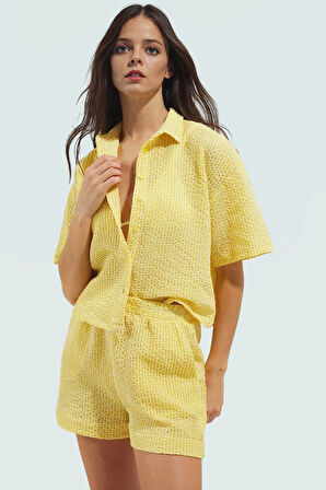 Yazlık Kadın Kısa Kollu Ekose Gömlek Şort Takım Rahat Plaj Kombin Kaliteli İşçilik Özel Tasarım