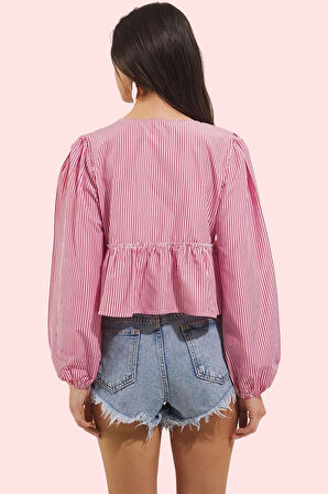 Kadın Çizgili Bağlama Detaylı Crop Gömlek Pamuklu Yazlık Plaj Günlük Kullanım Modern Tasarım