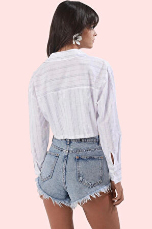 Kadın Yazlık Çizgili Dokuma Gömlek Bağlama Detaylı Plaj Gömleği Yaz Aylarının Vazgeçilmezi