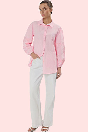 Kadın Oversize Pamuklu Gömlek Nakış Detaylı Uzun Kollu Günlük Hafta Sonu Dayanıklı Malzeme