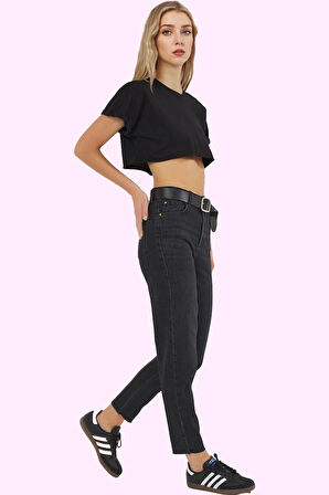 Kadın Yüksek Bel Mom Fit Jean Düz Desen Günlük Kombinler Hafta Sonu Yaz Aylarının Vazgeçilmezi