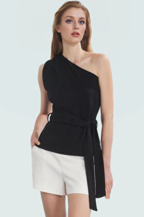 Asimetrik Yaka Fitted Krep Bluz Bel Kuşağı Detaylı Günlük Kullanım İçin Uzun Ömürlü