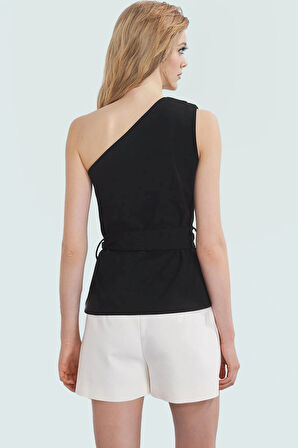 Asimetrik Yaka Fitted Krep Bluz Bel Kuşağı Detaylı Günlük Kullanım İçin Uzun Ömürlü