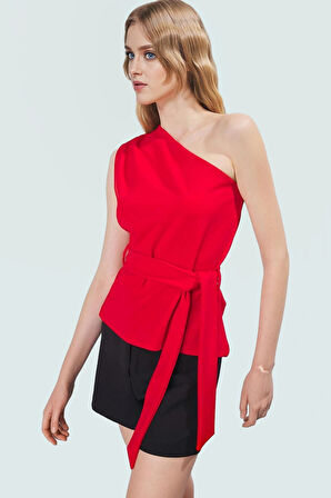 Asimetrik Yaka Fitted Krep Bluz Bel Kuşağı Detaylı Günlük Kullanım İçin Uzun Ömürlü