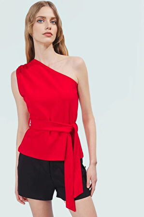 Asimetrik Yaka Fitted Krep Bluz Bel Kuşağı Detaylı Günlük Kullanım İçin Uzun Ömürlü