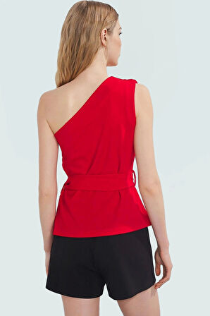 Asimetrik Yaka Fitted Krep Bluz Bel Kuşağı Detaylı Günlük Kullanım İçin Uzun Ömürlü