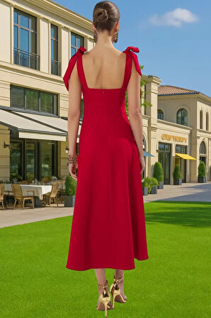 Şık A Kesim Midi Abiye Elbise Bağcıklı Askı Detaylı Dokuma Kumaş Yüksek Kalite Zarifane Tasarım