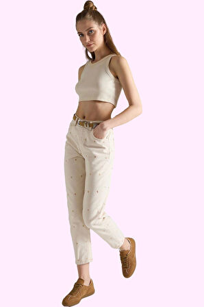 Kadın Yüksek Bel Geniş Paça Mom Jean Kalp Desenli Denim Günlük Hafta Sonu Kaliteli Malzeme