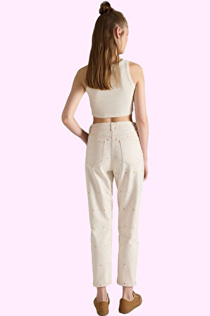 Kadın Yüksek Bel Geniş Paça Mom Jean Kalp Desenli Denim Günlük Hafta Sonu Kaliteli Malzeme