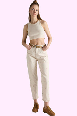 Kadın Yüksek Bel Geniş Paça Mom Jean Kalp Desenli Denim Günlük Hafta Sonu Kaliteli Malzeme