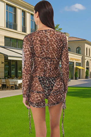 Leopar Desenli Mini Örme Plaj Elbisesi V Yaka Bodycon Uzun Kollu Rahat Ve Şık Günlük Kullanım İçin