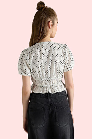 Kadın Puantiyeli V Yaka Kısa Kollu Pamuklu Bluz Yazlık Günlük Tarz Yaz Aylarının Vazgeçilmezi