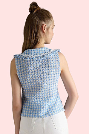 Kadın Kolsuz Gofre Dokuma Bebe Yaka Ekose Bluz Rahat Günlük Yaz Hafta Sonu Kaliteli Malzeme