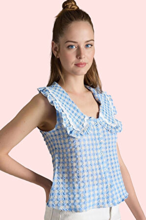 Kadın Kolsuz Gofre Dokuma Bebe Yaka Ekose Bluz Rahat Günlük Yaz Hafta Sonu Kaliteli Malzeme