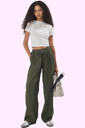 Kadın Geniş Paça Wide Leg Pantolon Kemerli Yazlık Günlük Kullanım Yaz Aylarının Vazgeçilmezi