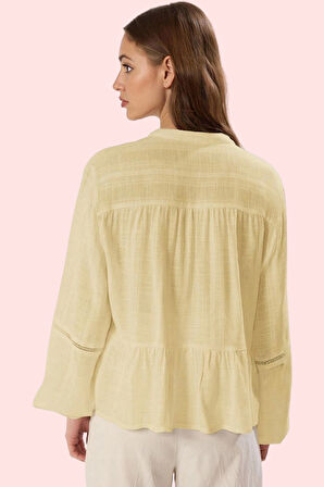 Kadın V Yaka Dokulu Kumaş Uzun Kollu Gömlek Günlük Stil Hafta Sonu Yaz Aylarının Vazgeçilmezi