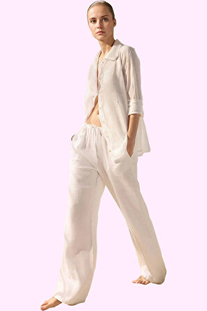 Kadın Yüksek Bel Uzun Boy Keten Geniş Paça Pantolon Yaz Aylarının Vazgeçilmezi Günlük Kullanım