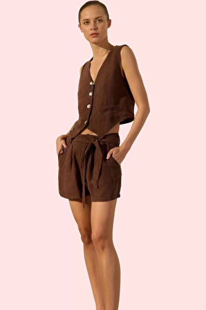 Kadın Geniş Paça Keten Şort Yüksek Bel Regular Boy Dokuma Kumaş Günlük Kullanım Hafta Sonu