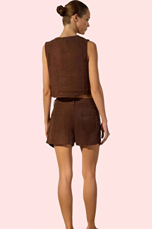 Kadın Geniş Paça Keten Şort Yüksek Bel Regular Boy Dokuma Kumaş Günlük Kullanım Hafta Sonu