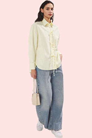 Kadın Terrycotton Dokuma Uzun Kollu Gömlek Bağcıklı Günlük Stil Yaz Aylarının Vazgeçilmezi