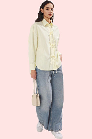 Kadın Terrycotton Dokuma Uzun Kollu Gömlek Bağcıklı Günlük Stil Yaz Aylarının Vazgeçilmezi