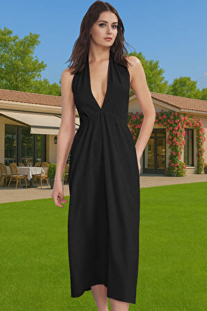 Maxi Bubble Krep Dokuma Plaj Elbisesi V Yaka Yazlık Modern Stil Rahat Kullanım Rahat Ve Şık