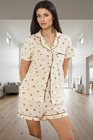 Kadın Ayıcıklı Kalpli Desenli Pamuklu Kısa Kollu Pijama Takımı Yüksek Kalite