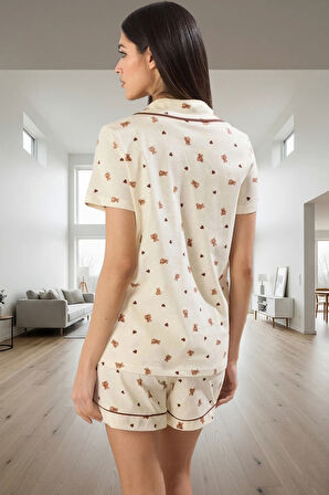 Kadın Ayıcıklı Kalpli Desenli Pamuklu Kısa Kollu Pijama Takımı Yüksek Kalite