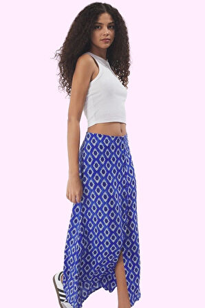 Kadın Çiçek Desenli Midi Etek Yırtmaçlı A line Viskoz Yazlık Günlük Yaz Aylarının Vazgeçilmezi