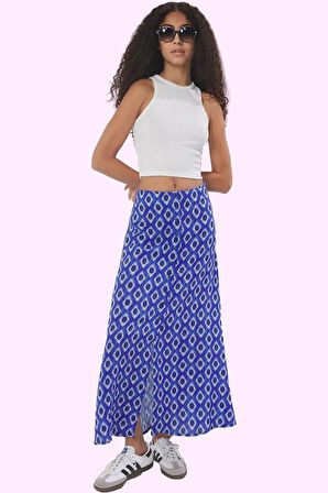 Kadın Çiçek Desenli Midi Etek Yırtmaçlı A line Viskoz Yazlık Günlük Yaz Aylarının Vazgeçilmezi