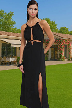 Maxi Bubble Krep Dokuma Plaj Elbise Halter Yaka Bağlama Detayli Şık Görünüm Premium Kalite