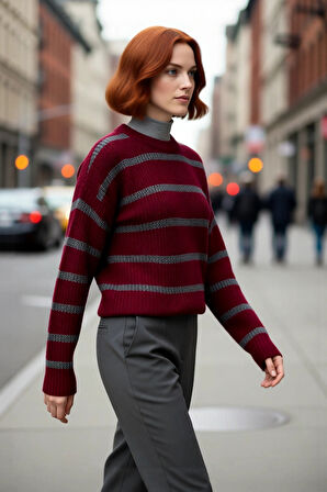 Kadın Oversize Bisiklet Yaka Çizgili Crop Triko Kazak Düşük Kollu Rahat Kışlık Kombinler İçin
