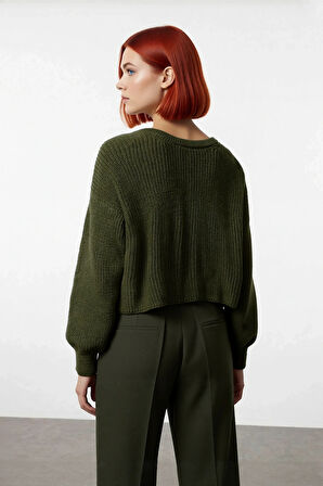 Kadın Crop Regular Kalıp Çift Taraflı Kurdele Bağlamalı Düşük Kol Selanik Örgü Akrilik Triko Kazak