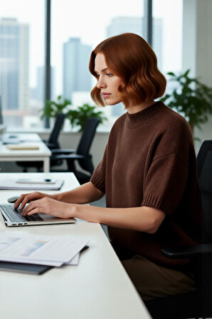 Kadın Oversize Kesim Dik Yaka Kalın Dokulu Düz Desen Kısa Kollu Triko Kazak İlkbahar Sonbahar