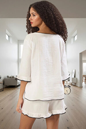 Kadın Pamuklu Bohem Pijama Takımı Müslin Kumaş Şortlu Fiyonklu Dayanıklı Malzeme