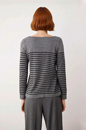 Kadınlar İçin Gri Çizgili Bisiklet Yaka Akrilik Triko Kazak Sonbahar Kış Stilinizi Yükseltin