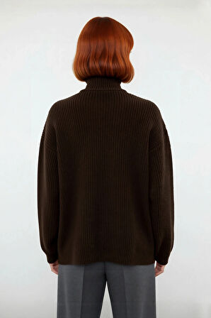 Kadın Dik Yaka Fermuarlı Regular Kalıp Düşük Kol Selanik Örgü Uzun Triko Kazak Soğuk Günler İçin