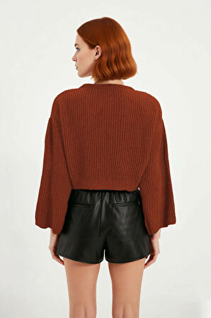 Kadın Oversize Gri Akrilik Selanik Dokuma Super Crop İspanyol Kol Triko Kazak Günlük Stilinize