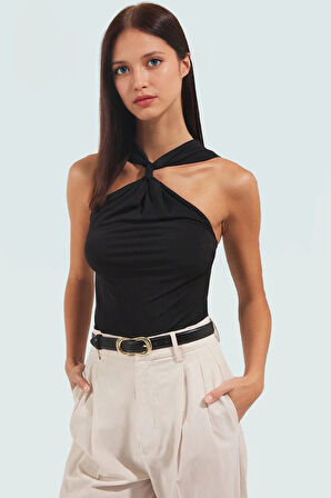 Şık Fitted Örme Bluz Altın Detay V Yaka Yazlık Özel Tasarım Trend Günlük Kullanım İçin