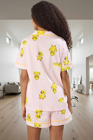 Kadın Pamuklu Örme Pijama Takımı Ördek Desenli Kısa Kollu Regular Kalıp Modern Stil Özel Tasarım