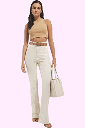 Kadın Yüksek Bel İspanyol Paça Jean Düz Desen Günlük Kombinler Hafta Sonu Kaliteli Malzeme