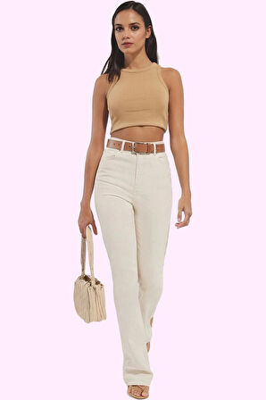 Kadın Yüksek Bel İspanyol Paça Jean Düz Desen Günlük Kombinler Hafta Sonu Kaliteli Malzeme