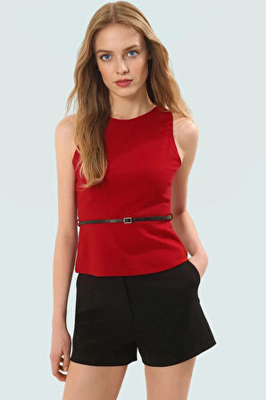 Şık Kemerli Fitted Bluz Scuba Krep Yazlık Günlük Özel Tasarım Zarifane Görünüm