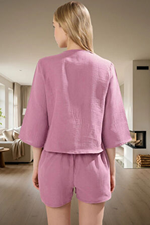 Kadın Pamuklu Müslin Pijama Takımı Şal Yaka Truvakar Kol Geniş Paça Profesyonel Görünüm